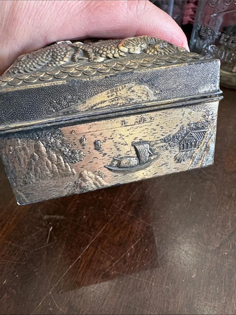 Ornate Embossed Metal Trinket Box in Aged Silver Tone